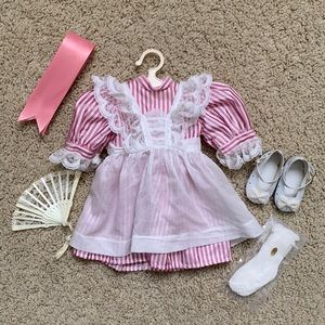 American Girl Samantha’s Birthday Dress and Pinafore with Bow, Stockings, Shoes